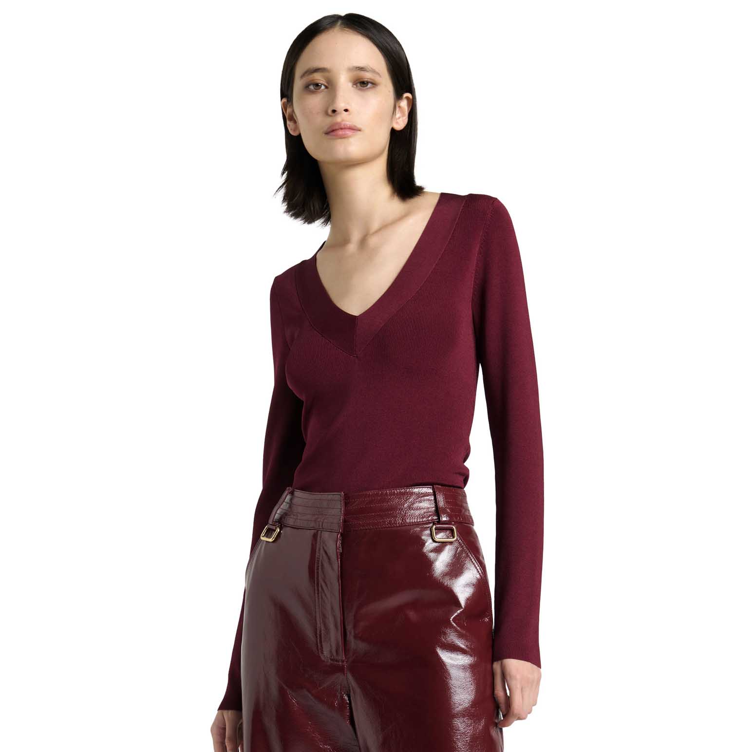 Cue Burgundy Shiny V-Neck Long Sleeve Knit